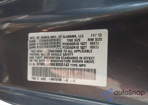 2014 Honda Odyssey Touring/Touring Elite from USA, damaged, VIN 5FNRL5H98EB055142